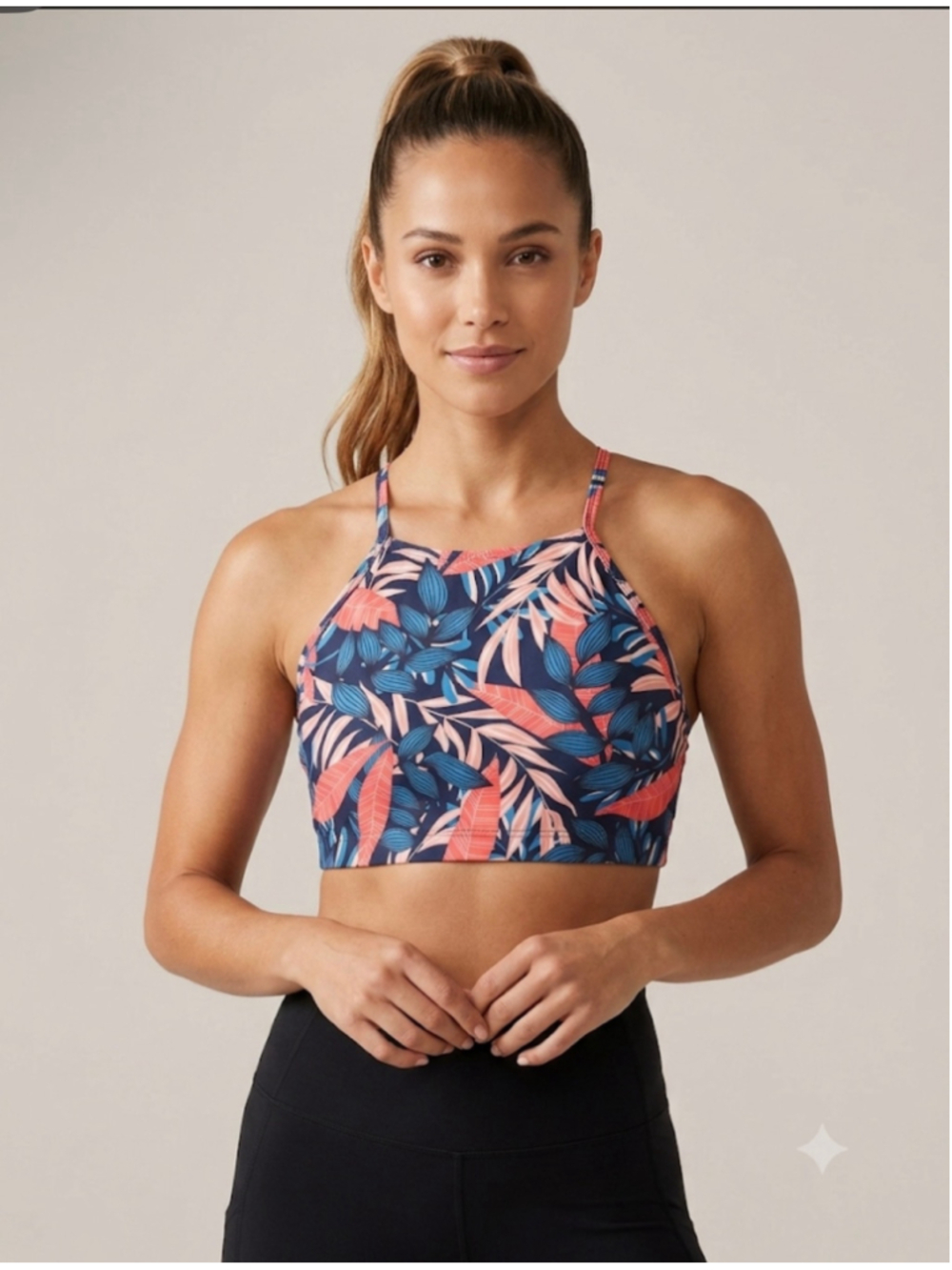 Charmo Navy Coral Leaf Print High Neck Bikini Top S